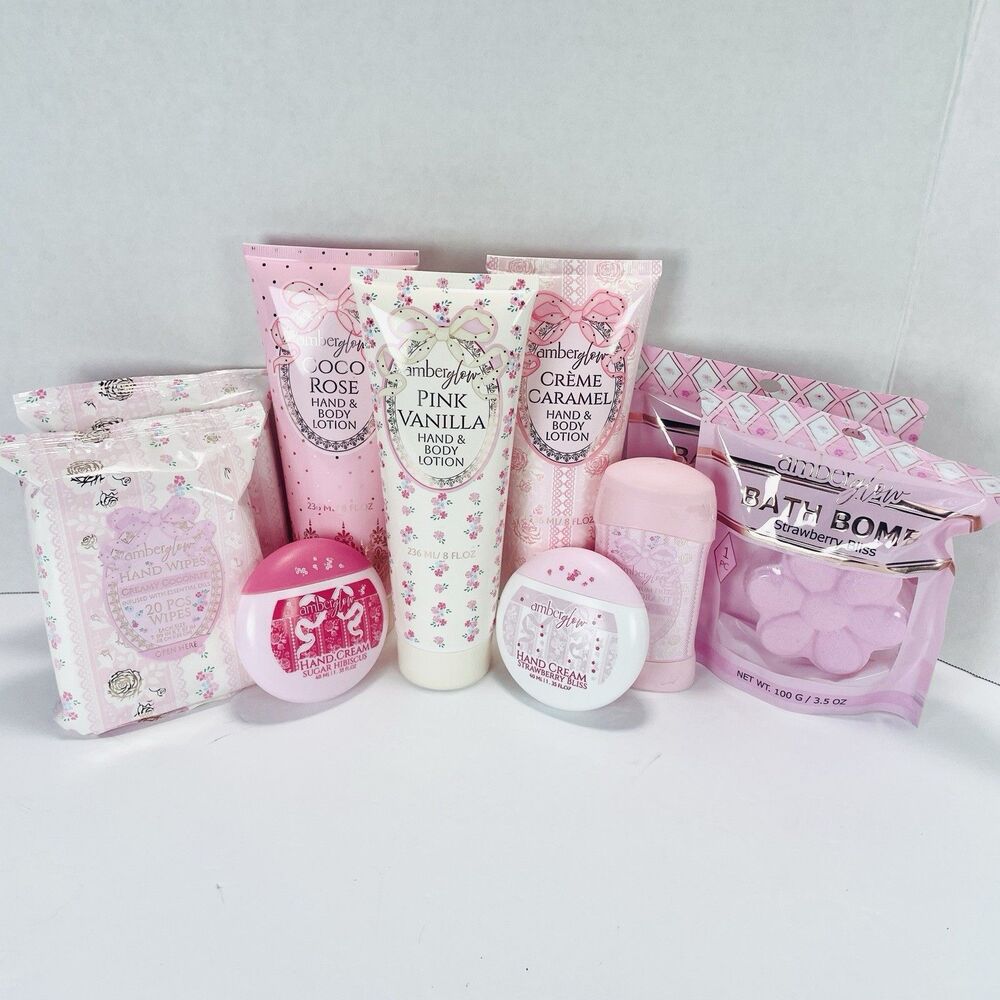 10 Piece Bundle Amber Glow Set Lotions Hand Wipes Deodorant Bath Bombs New
